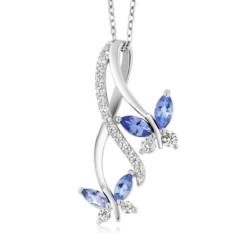 Kalung Rantai Silver 925 Dengan Liontin Batu Permata King Blue Tanzanite Butterfly Ukuran 18 Inci