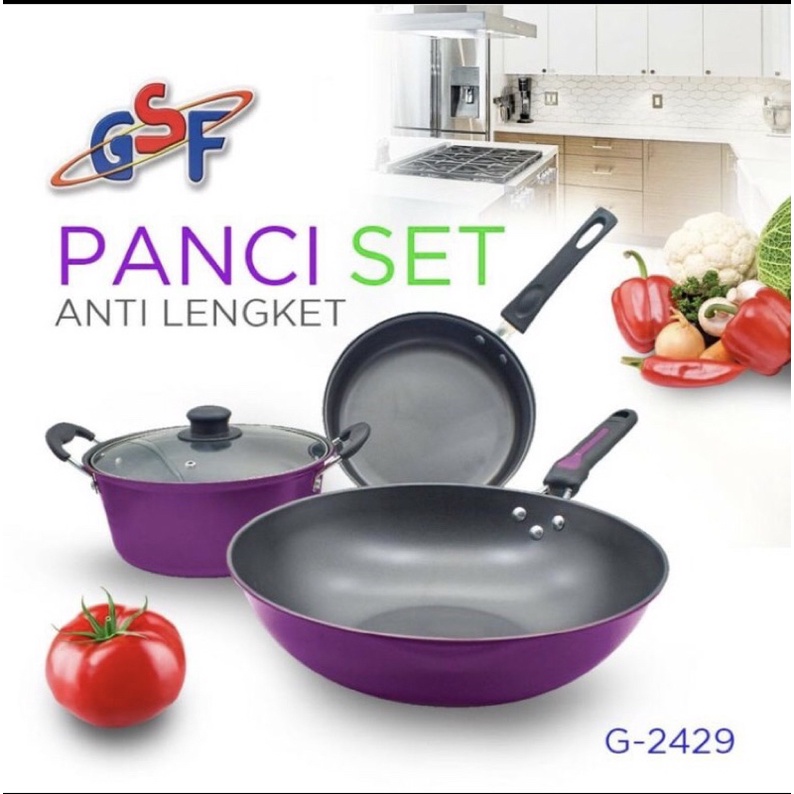 Panci set anti lengket / Panci set GSF G-2429 / Panci set teflon / Panci set isi 3 / Panci set Non s