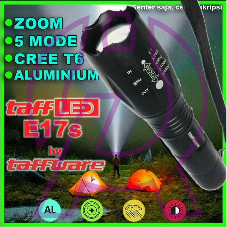 Senter LED TaffLED Cree XM-L T6 E17s Tactical Lampu Camping Terang 3800 Lumens