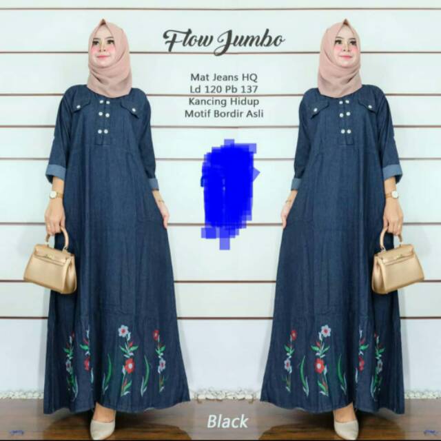 Gamis Jeans Jumbo Wash Ori Bawah Bunga