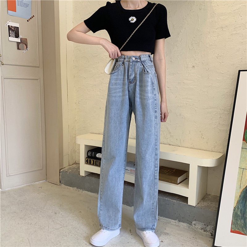 wide-leg jeans untuk wanita high-waist longgar lurus-kaki celana panjang