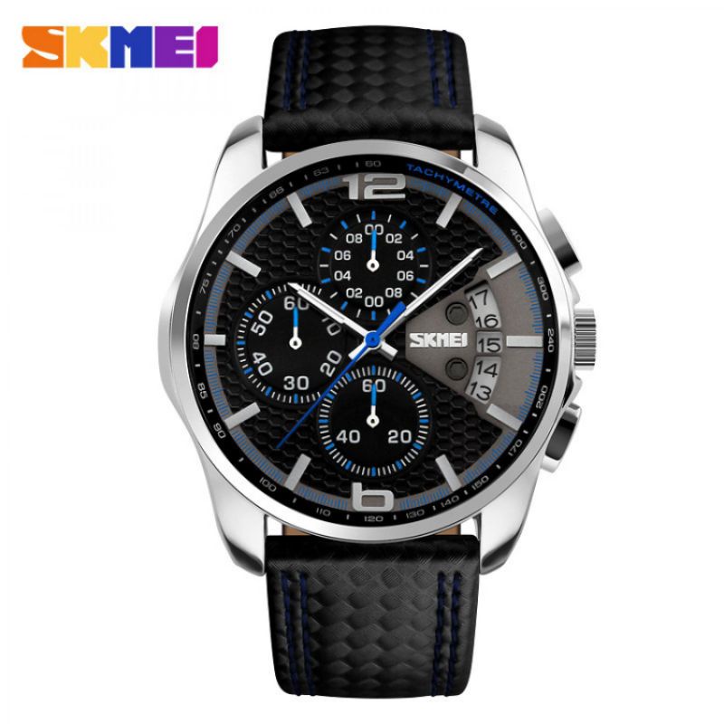 Jam Tangan Pria SKMEI 9106BU Chronograph Men Black Dial Black Leather Strap