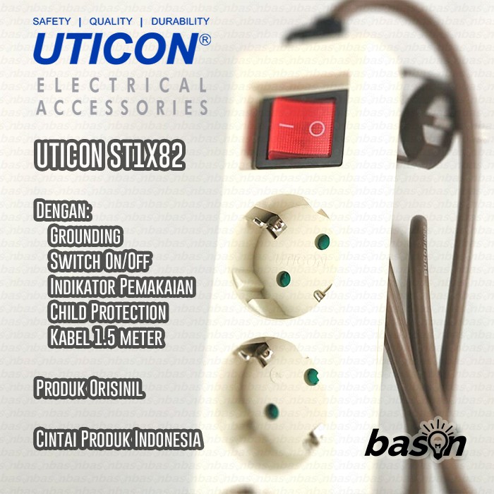 UTICON ST1382 Power Extension - Stop Kontak 3Lubang 1.5Meter Arde dengan saklar on off