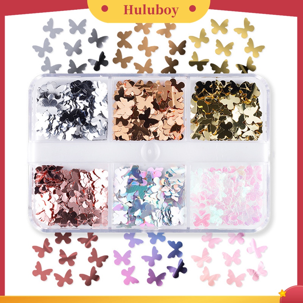 Huluboy Huluboy♡ 6 Grid / Kotak Sequin Bentuk Kupu-Kupu Untuk Nail Art Butterfly