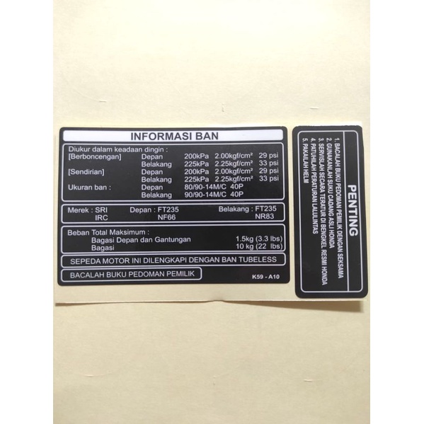 STICKER PRINCUTT WARNING MOTOR HONDA BEAT VARIO SUPRA KARISMA