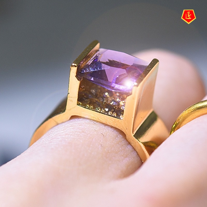 [Ready Stock]Creative Gold Inlaid Purple Crystal Square Diamond Ring