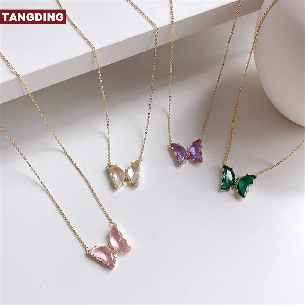 【COD Tangding】Necklace/Earring/Ring Glass Crystal Butterfly Korea Super Fairy Girl Dream Clavicle Chain Choker