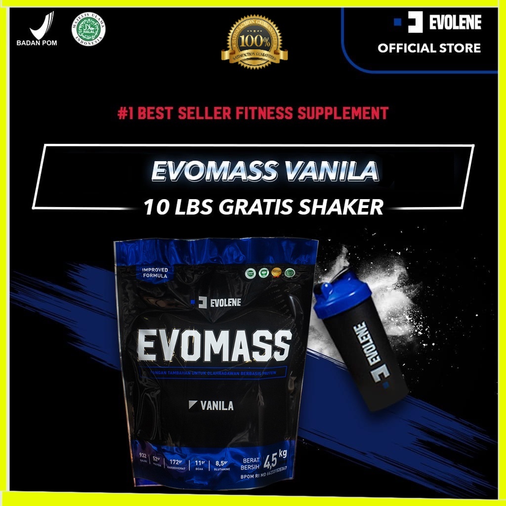 Evomass Vanila 10 LBS (Gratis Shaker) - Penambah massa otot - Suplemen fitness - Pembentuk otot - Kaya Nutrisi - Surplus kalori - Minuman susu workout - Susu penambah berat badan - Mass Gainer - Suplemen penambah berat badan Evolene Evoline Evolen