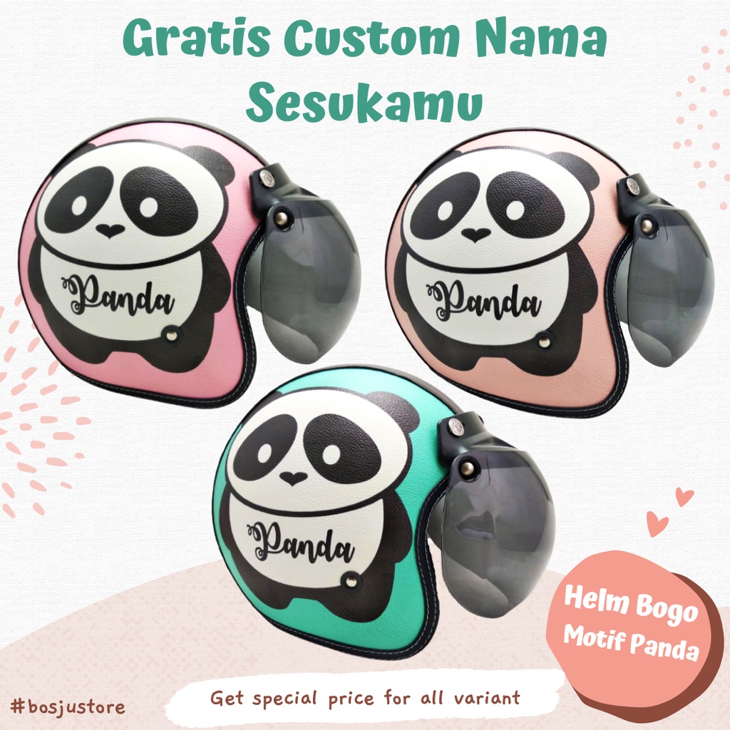 HELM RETRO MOTIF PANDA TOSCA PINK PEACH LUCU KULIT WANITA DEWASA KACA DATAR CLASSICSNI - HELEM BOGO 
