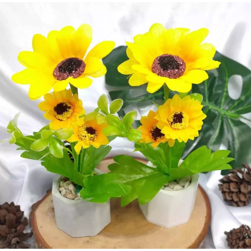 [ PROMO TERMURAH ] 1 PCS BUNGA MATAHARI ARTIFICIAL TERMASUK POT OKTAGON CONCRETE | DEKORASI RUMAH | 