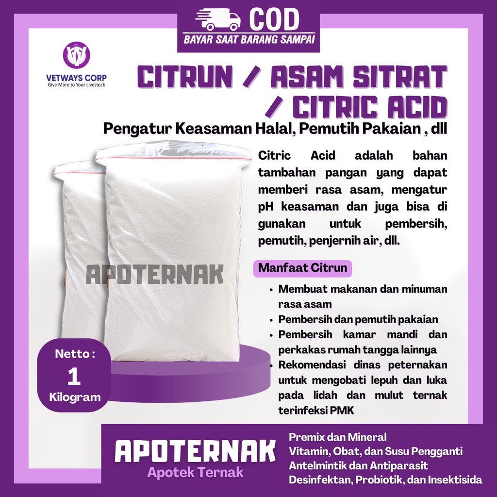 Obat Luka Lepuh Mulut dan Lidah Ternak Sapi PMK | Citric Acid monohydrate | 1 kg | Apoternak