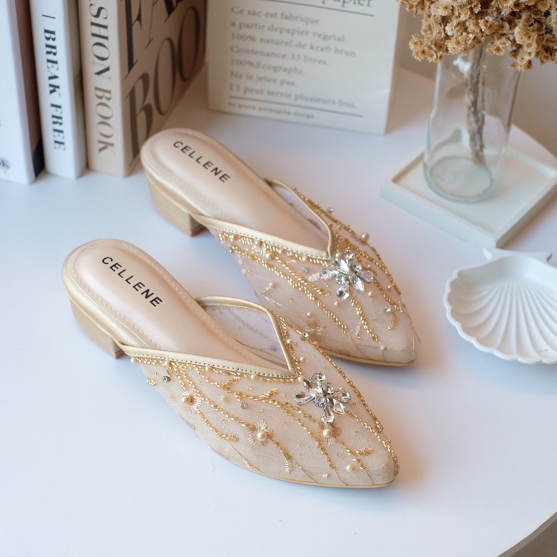 𝗖𝗘𝗟𝗟𝗘𝗡𝗘 Sandrea Beads Heels Gold / wedding shoes sepatu pengantin payet 3cm