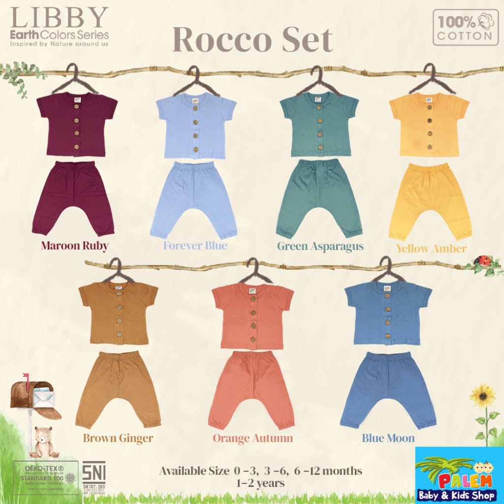 terbaru libby earth series rocco set button shirt jogger pants setelan baju anak unisex 0-2 tahun