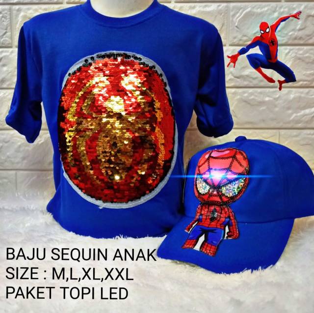 Kaos led motif superhero free topi led bisa menyala