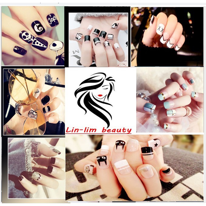 Nail art - 24 Pcs kuku palsu Model Hitam Abstrak + lem