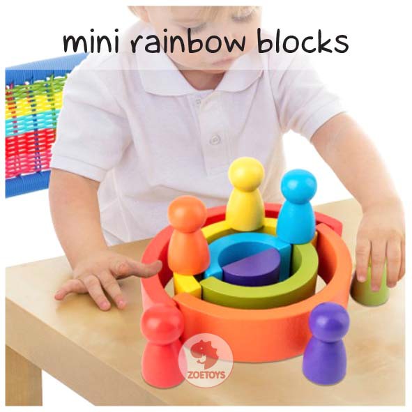 Zoetoys Montessori Mini Rainbow Blocks | Mainan Wooden Building Stacking with Pegdoll  Toy | Board Stack Balok Kayu Susun Pelangi Edukasi