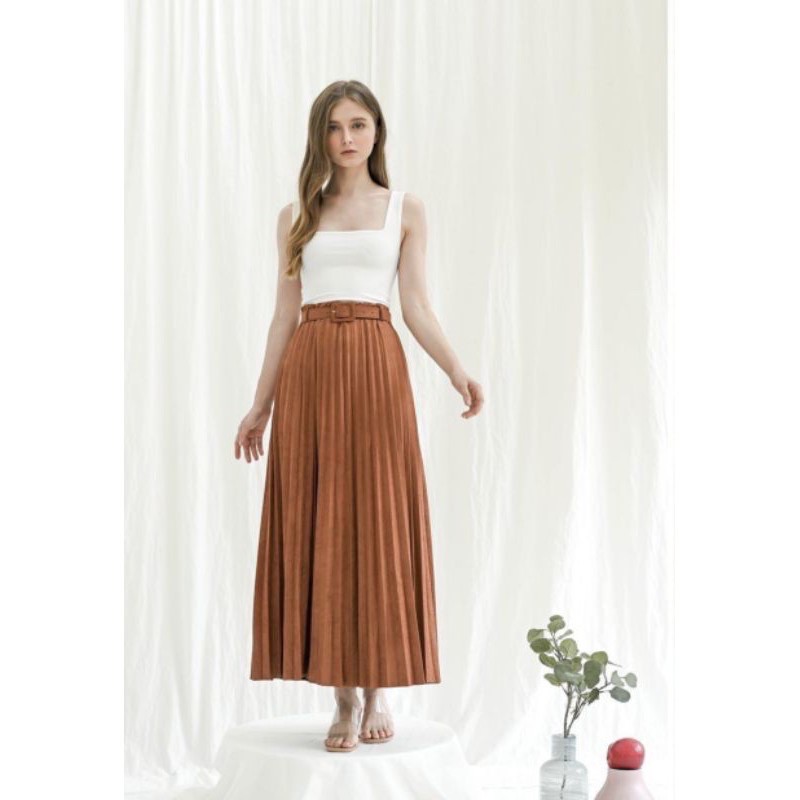 FW R450 Rok Plisket Suede Panjang Belt Import | Rok Plisket Suede Panjang Import | Suede Pleated Maxi