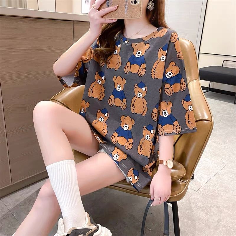 THISTLE - Oversize Tee Tshirt Wanita Model Longgar Motif Bear Topi Full Print