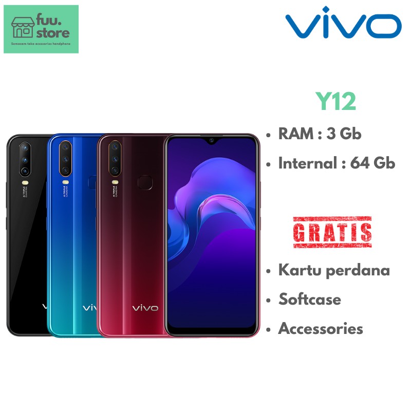 VIVO Y12 3/64 Burgundy Red, Aqua Blue, Thunder Black