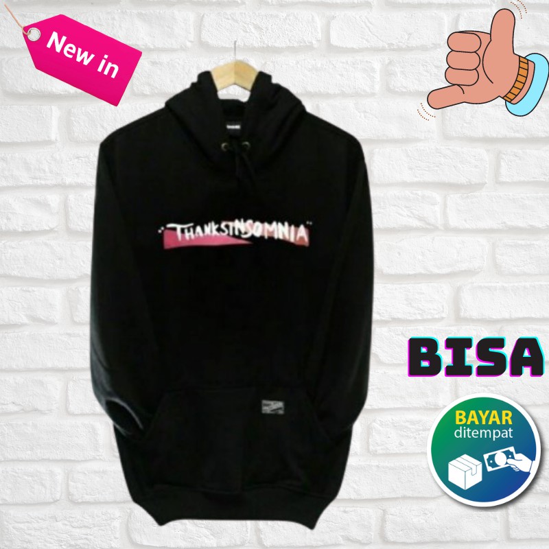 (Bahan Tebal) Hoodie pria Hoodie warna hitam thankinsomnia tulisan putih ada merah sweater murah