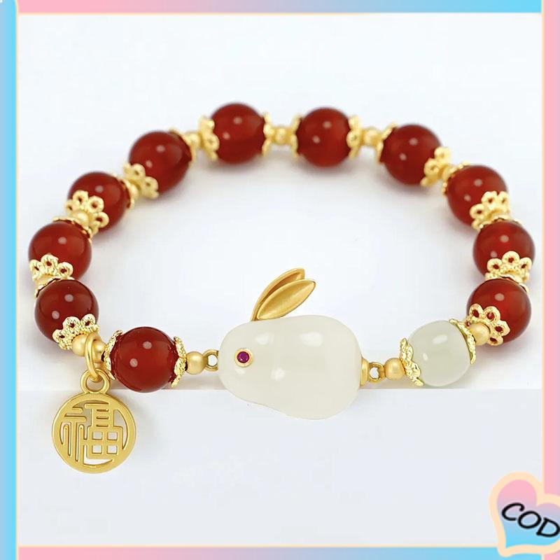 COD❤️Manik-manik merah gelang kelinci giok fashion wanita kelas atas hadiah Hari Valentine-A.one