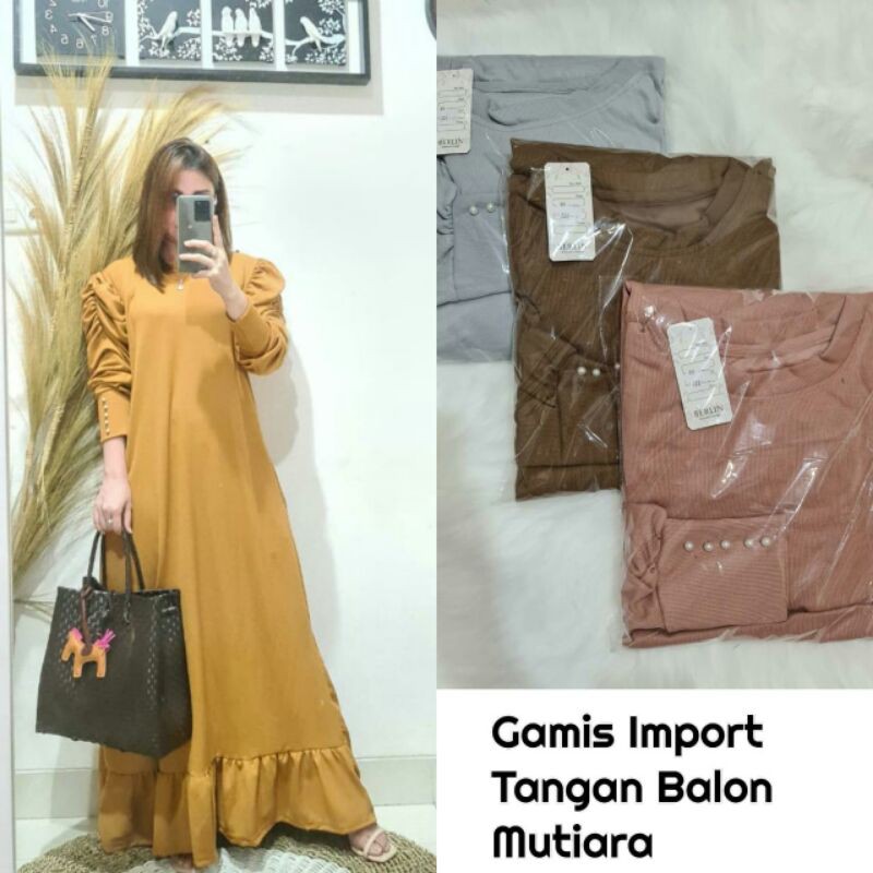 gamis wanita impor tangan balon mutiara