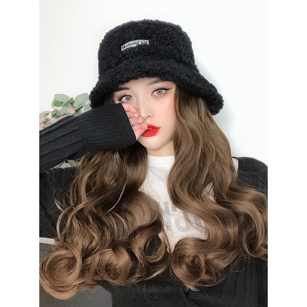 HTK wig topi bucket hat wool baret beret panjang wig hat rambut palsu hair extension