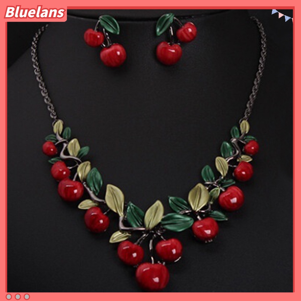 Bluelans 1 Set Vintage Red Cherry Fruit Jewelry Set Chic Bridal Necklace Earrings