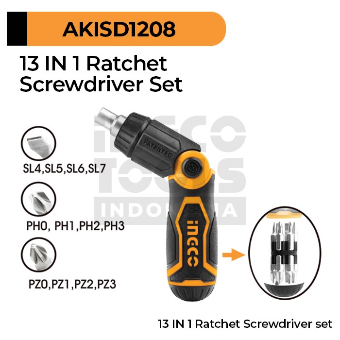13-in-1 Ratchet Screwdriver Set INGCO AKISD1208 Obeng Tekuk Ratcheting