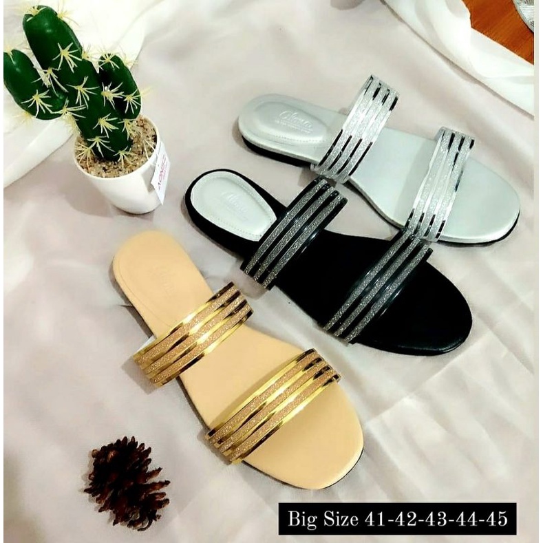 Sandal LINE Big Size 41-45 Sendal Slop Gold Hitam Silver / Sandal Teplek Makazi Santai ukuran besar, 42