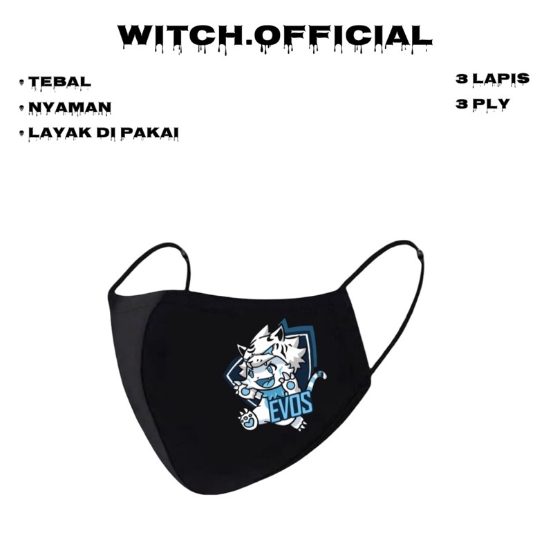Mask LOGO EVOS ESPORT - Masker Kain 3 Lapis / Hitam 3PLY / Dewasa / Pria / Anak / Outdoor