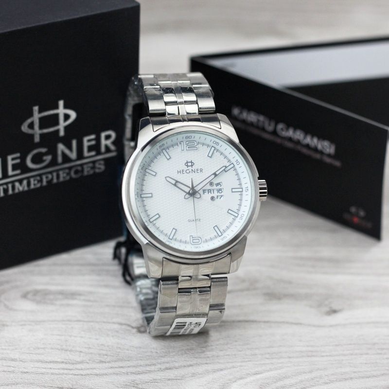 Jam tangan pria Hegner 5012 tali rantai tanggal hari aktif original