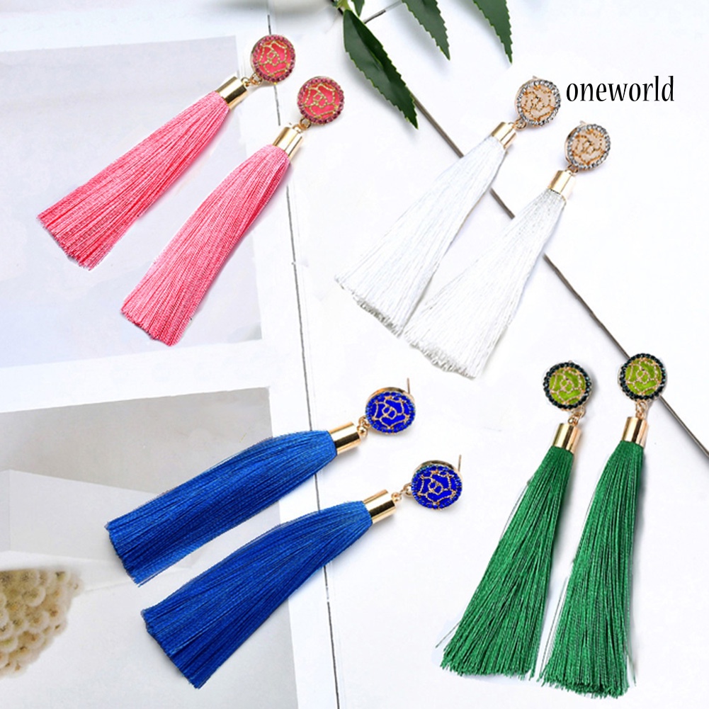 OW@ Bohemian Ethnic Flower Long Tassel Dangle Statement Earrings Women Jewelry Gift