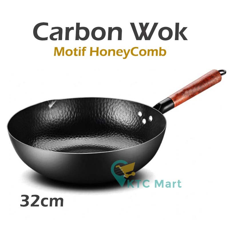 Carbon Wok Pan HoneyComb 32 CM + Tutup Kaca Wajan Hitam Kuali Hitam Anti lengket Kuali Anti Gores