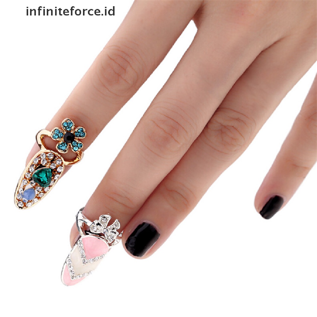 Infiniteforce.id Cincin Kuku Motif Mahkota + Bunga Aksen Kristal Untuk Perhiasan Wanita