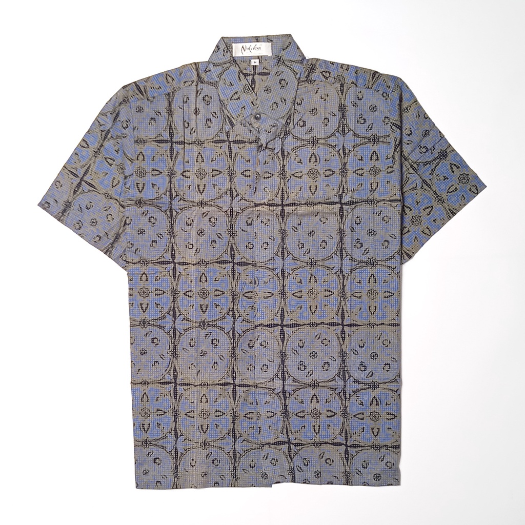 Kemeja Baju Batik Pria Lengan Pendek Cap Biru Muda Kawung
