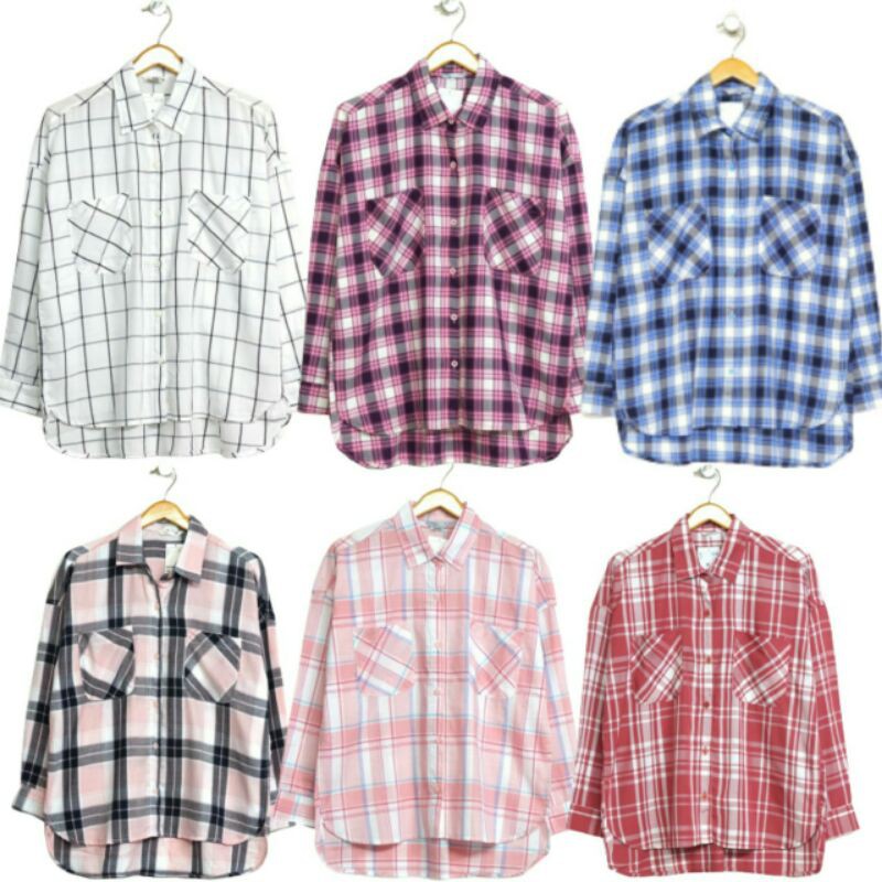 H&M Kemeja flanel pink kemeja wanita kotak women blouse pink basic shirt longsleeve kerja kantor