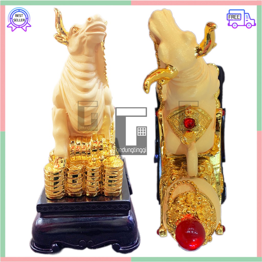 Pajangan Hiasan Patung Imlek Rejeki 12 Shio Kerbau Sapi Fengshui Lucky Uang Emas Gold Besar XL Resin