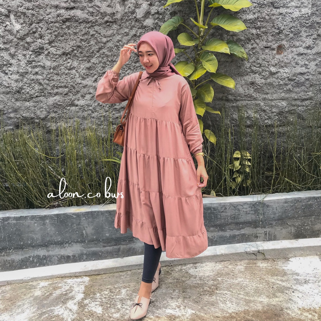 Midi Dress Rempel Susun Rayon Premium - Tunik Wanita Rempel Susun - Dress Rufle Premium