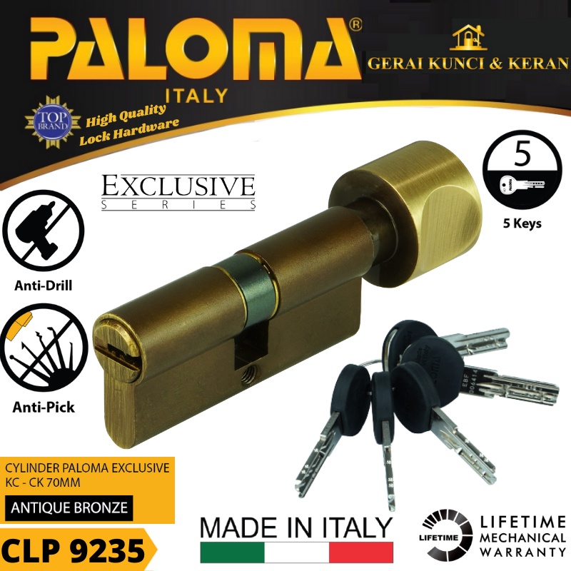 PALOMA CLP 9235 KNOB CYLINDER ITALY 70 MM EXCLUSIVE KUNCI PINTU BRASS ANTIQUE BRONZE