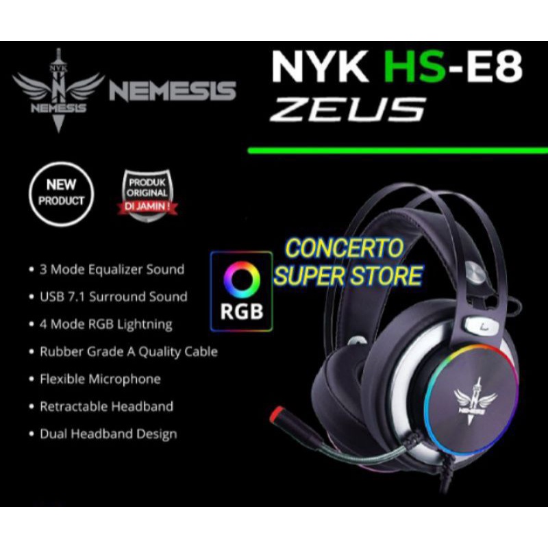 headset gaming nyk Hs-E8 zeus Rgb nemesis original