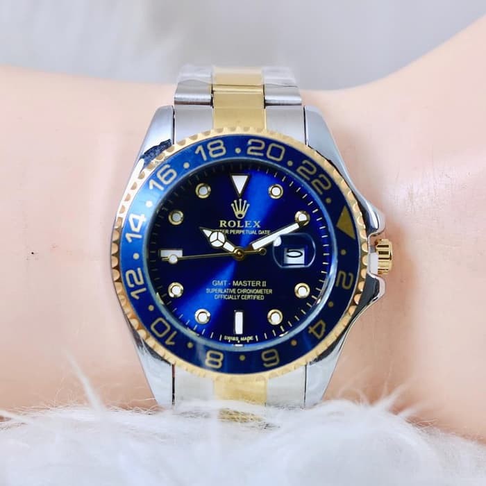 Jam Tangan Rolex Pria Ring Putar Tanggal Aktif -Silver Gold plat Biru