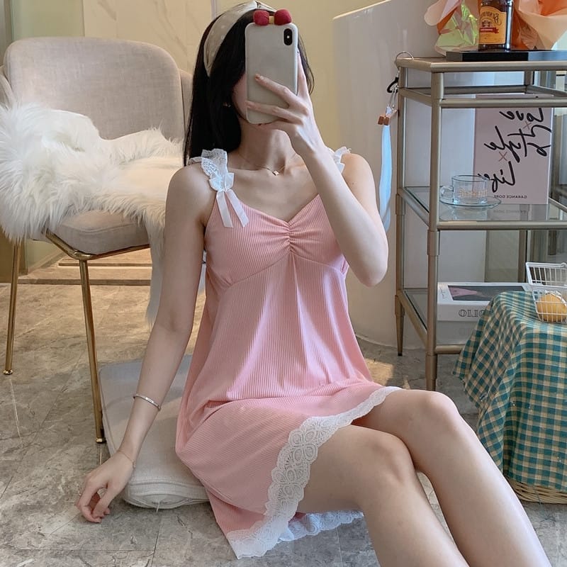 【 Bra Mall 】BM-265 Dress Sweet Import Pink Hijau Hitam Macaron French Cute Dress Santai Dress Tidur