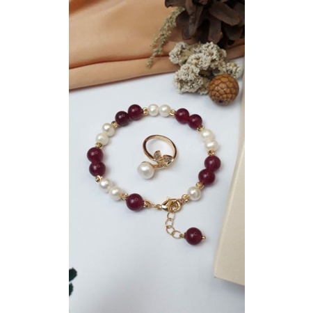 Mutiara Lombok Asli | Set cincin dan gelang mutiara air tawar kombinasi batu alam