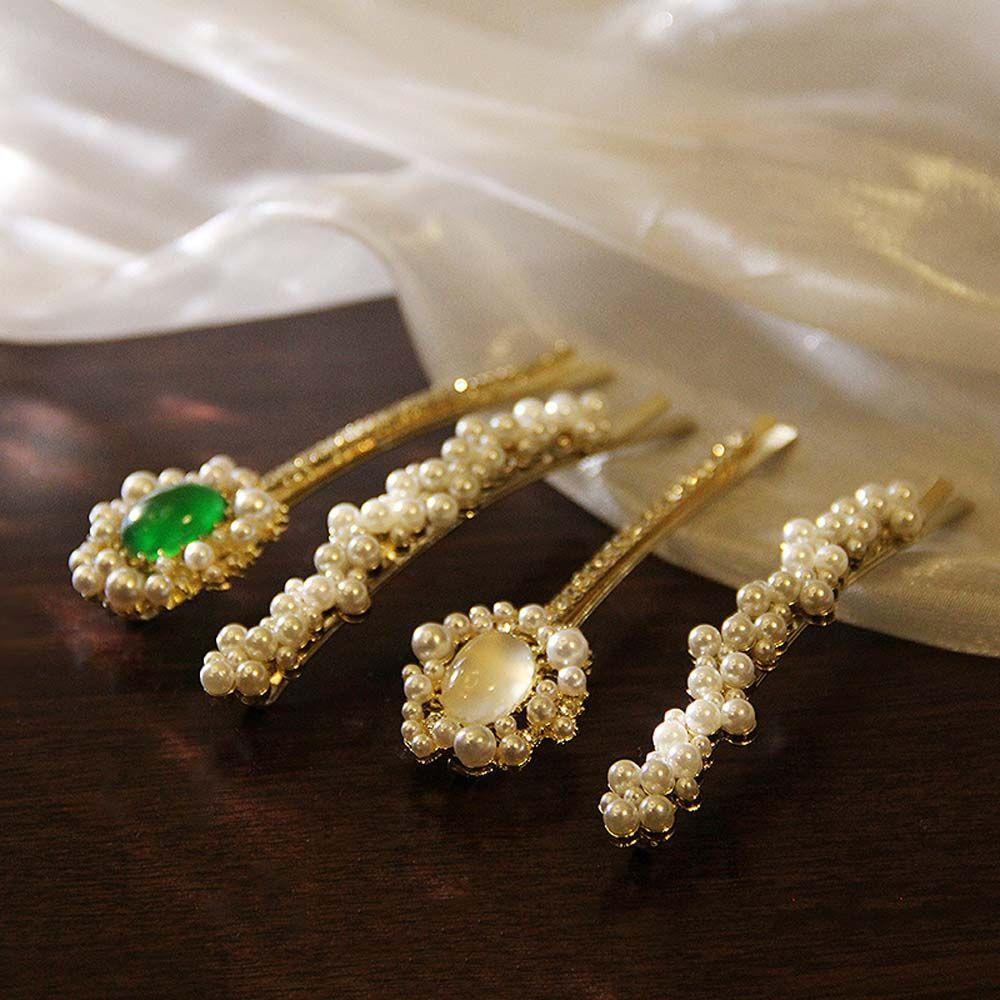 Agustina Berlian Imitasi Klip Rambut Gadis Mewah Kristal Mutiara Memperbaiki Pinggiran Jepit Hiasan Kepala Pearl Barrette Pin Berlian Imitasi Permata Hijau Gaya Korea