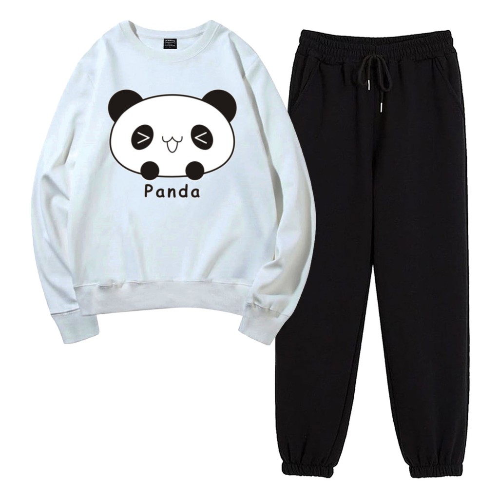 Baju Setelan Wanita Murah / Setelan Sweater + Jogger Hitam - PANDA CUTE