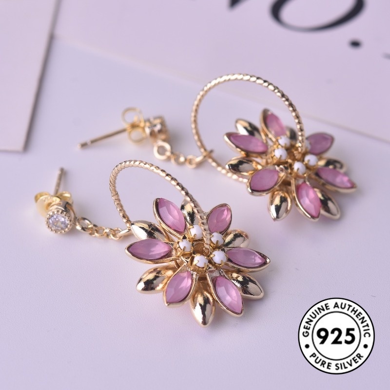 Anting Tusuk Sterling Silver 925 Desain Bunga Elegan Ala Vintage Untuk Wanita