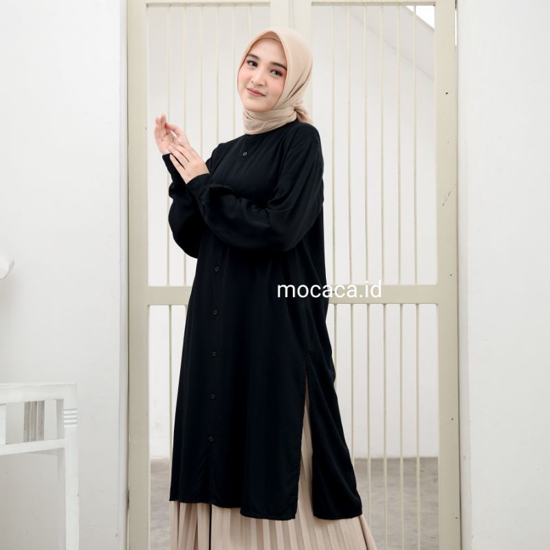 Tunik Slit Polos Hitam Katun Rayon Twill Premium Kancing Depan Belakang Lengan Kemeja ukuran bigsize