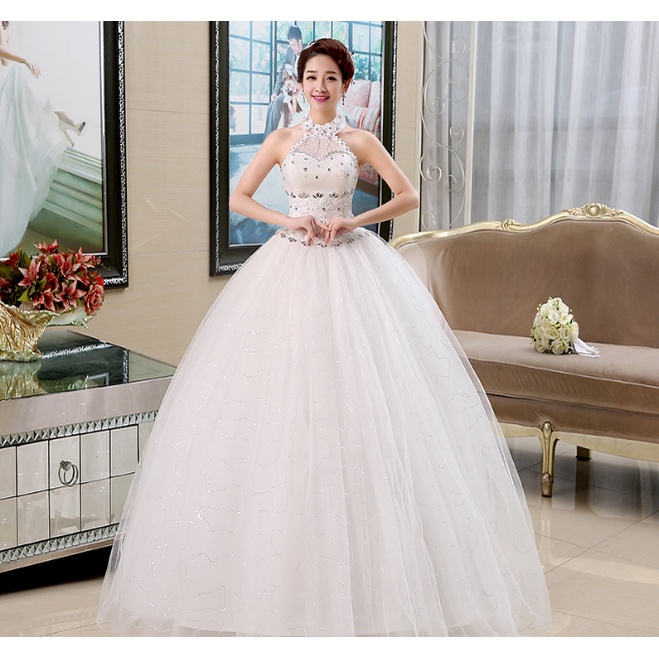 Pernikahan Gaun Halter Manik-manik Ilusi Putih Gaun Pengantin Bridal Tanpa Lengan Panjang Lantai Gau