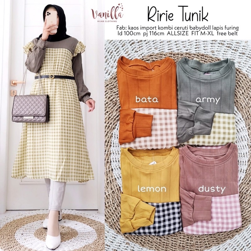 Ririe Tunik/Tunik Motif Kotak-Kotak Bahan Kaos Import kombi Ceruti Babydoll Lapis Furing/Free Belt